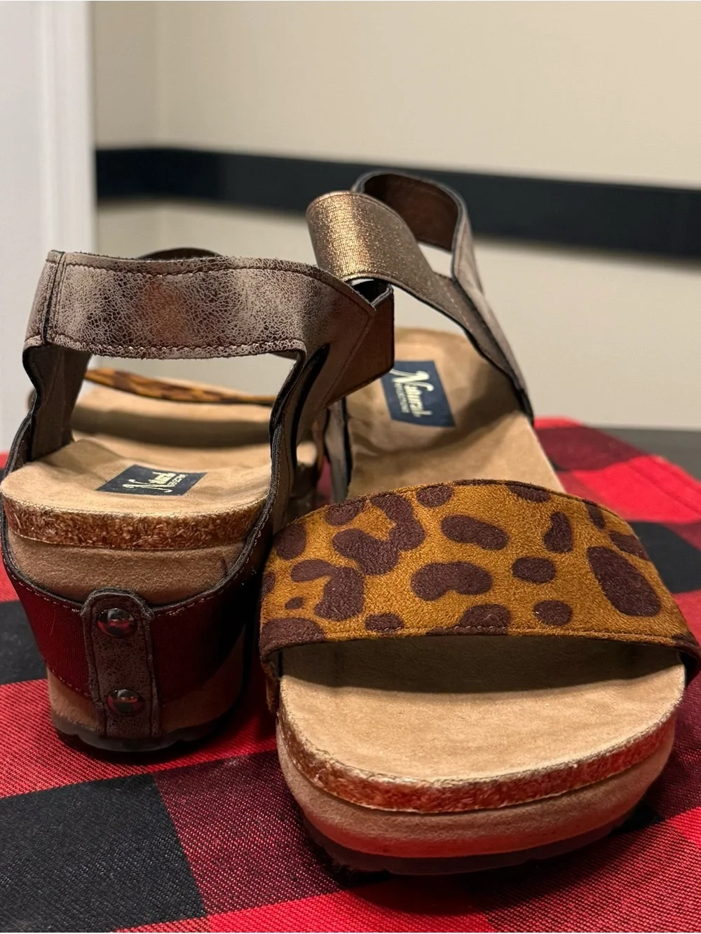 Leopard-Print Wedge Sandals in Brown and Metallic Bronze